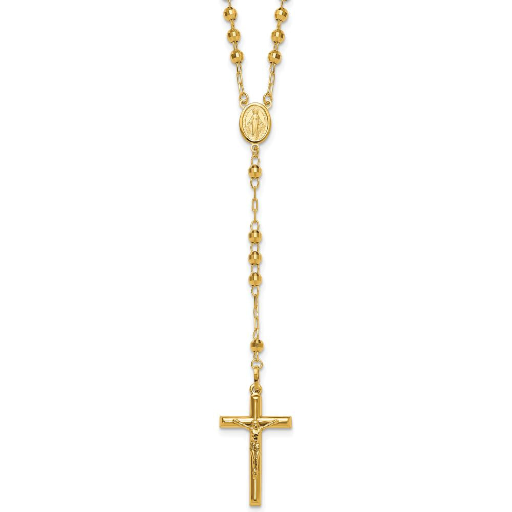 14K Yellow Gold Polished Crucifix and Miraculous Medal 24" Rosary Necklace with 4mm Mirror Beads by 0