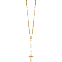 14K Yellow Gold Polished Crucifix and Miraculous Medal 24" Rosary Necklace with 4mm Mirror Beads by 0