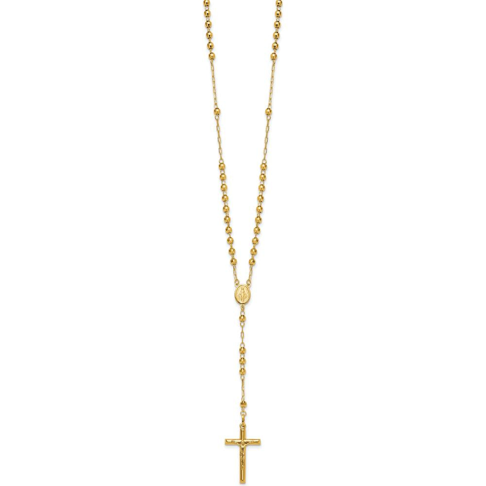 14K Yellow Gold Polished Crucifix and Miraculous Medal 24" Rosary Necklace with 4mm Mirror Beads by 0