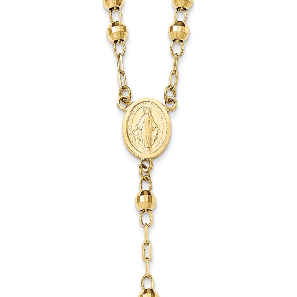 14K Yellow Gold Polished Crucifix and Miraculous Medal 24" Rosary Necklace with 4mm Mirror Beads by 0