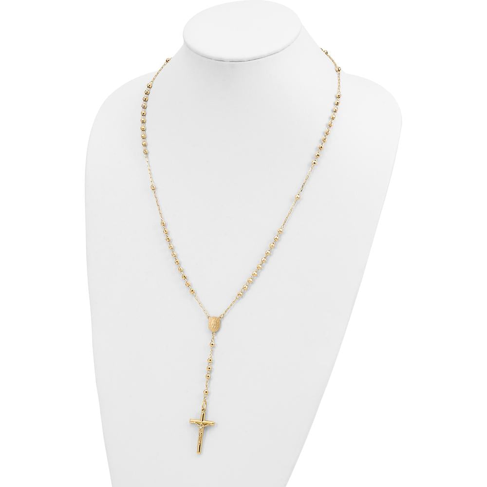 14K Yellow Gold Polished Crucifix and Miraculous Medal 24" Rosary Necklace with 4mm Mirror Beads by 0