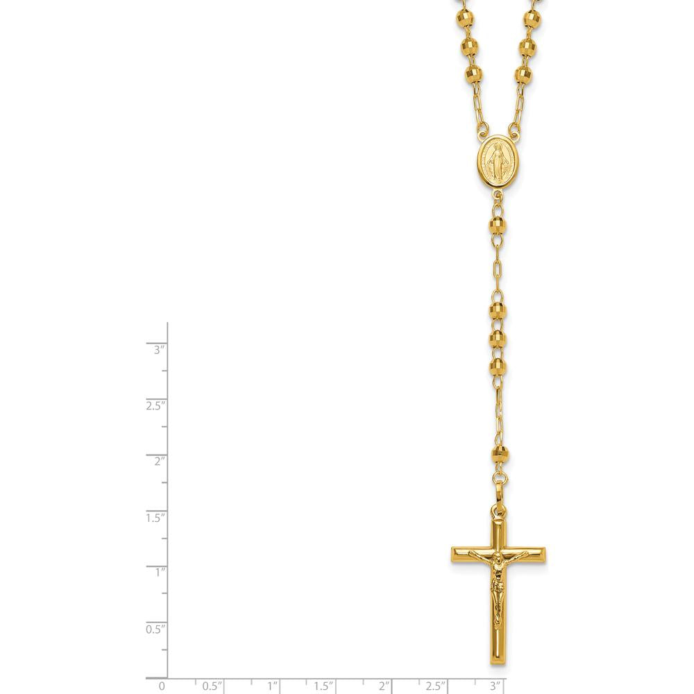 14K Yellow Gold Polished Crucifix and Miraculous Medal 24" Rosary Necklace with 4mm Mirror Beads by 0