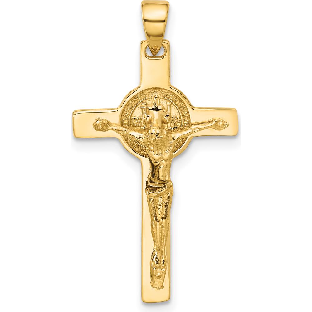 14K Yellow Gold Polished Crucifix and St Benedict Pendant - 31mm Length by Oro Pregiato