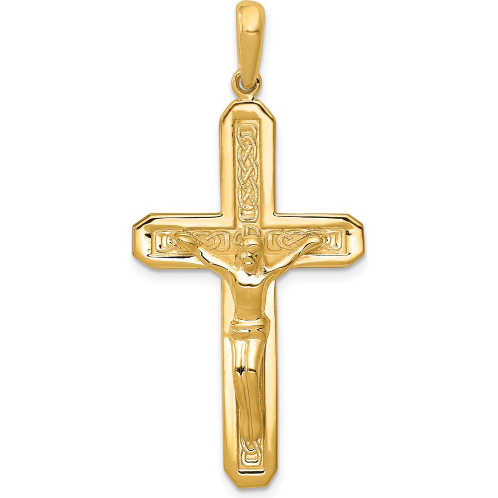 14K Yellow Gold Polished Crucifix Pendant with Celtic Detailing - 44mm Length by Oro Pregiato