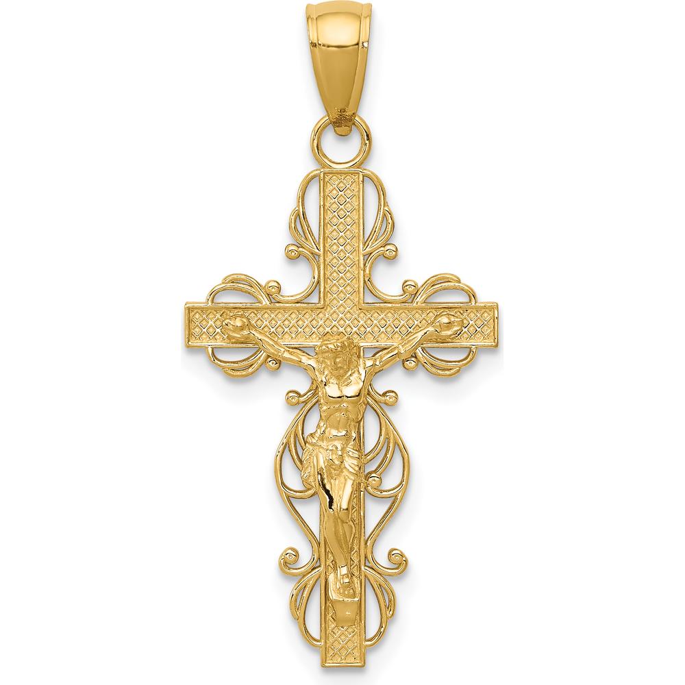 14K Yellow Gold Polished Crucifix Pendant with Lace Trim - 33.5mm Length by Oro Pregiato