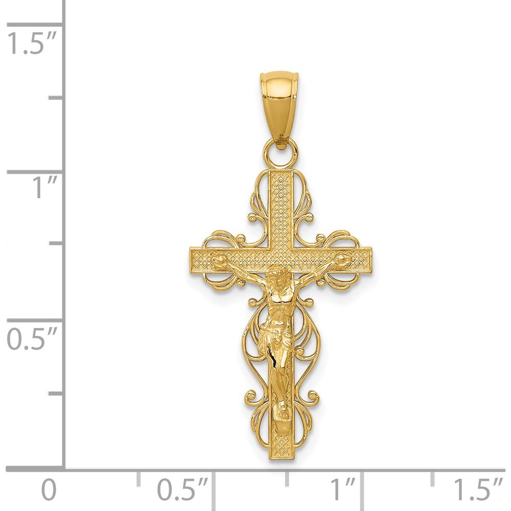 14K Yellow Gold Polished Crucifix Pendant with Lace Trim - 33.5mm Length by Oro Pregiato