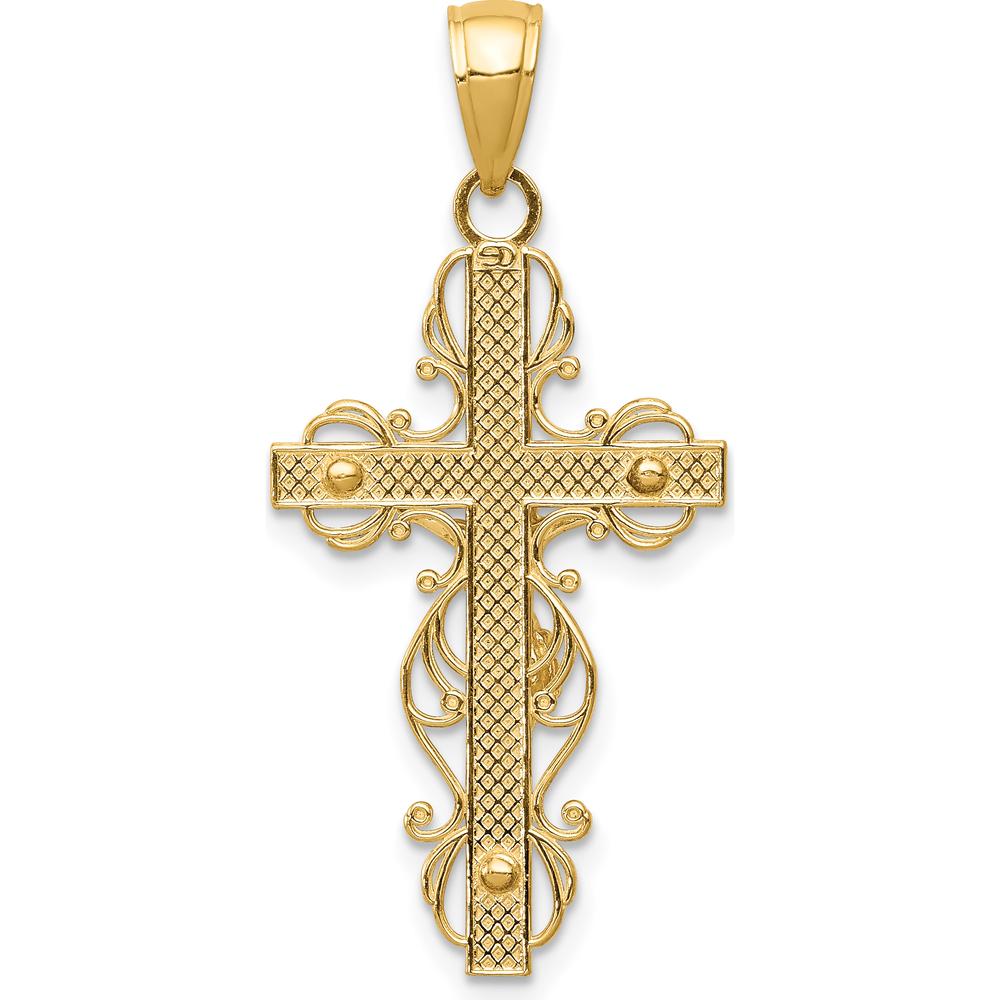 14K Yellow Gold Polished Crucifix Pendant with Lace Trim - 33.5mm Length by Oro Pregiato