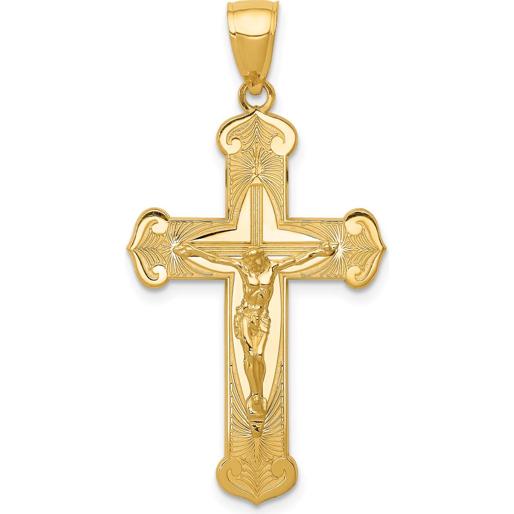 14K Yellow Gold Polished Crucifix Pendant with Sculpted Christ - 39mm Length by Oro Pregiato