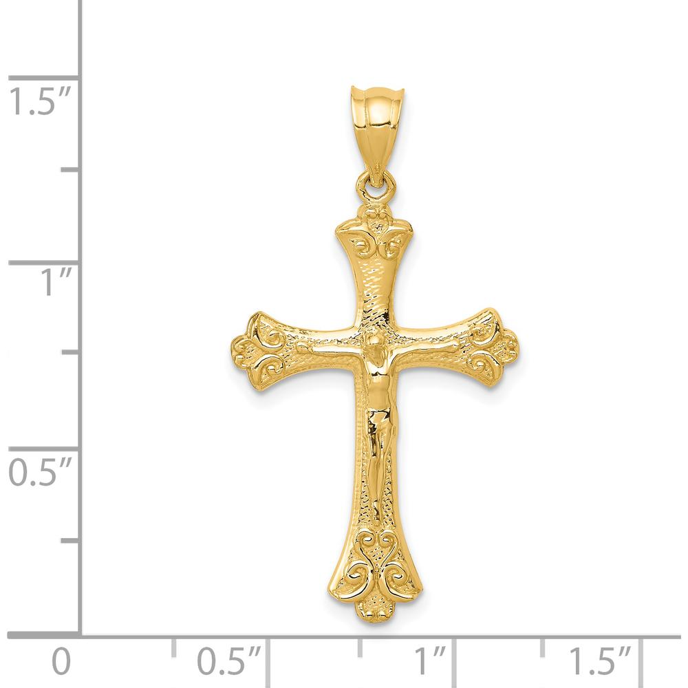 14K Yellow Gold Polished Crucifix Pendant with Textured Detail - 36mm by Oro Pregiato
