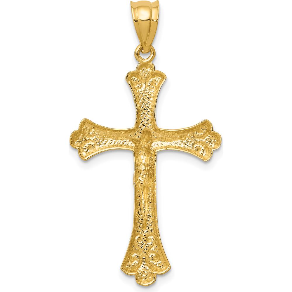 14K Yellow Gold Polished Crucifix Pendant with Textured Detail - 36mm by Oro Pregiato