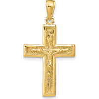 14K Yellow Gold Polished Crucifix Pendant with Textured Detailing - 32mm Length by Oro Pregiato