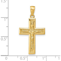 14K Yellow Gold Polished Crucifix Pendant with Textured Detailing - 32mm Length by Oro Pregiato