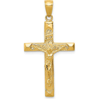 14K Yellow Gold Polished Crucifix Pendant with Textured Detailing - 38mm Length by Oro Pregiato