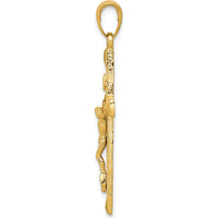 14K Yellow Gold Polished Crucifix Pendant with Textured Detailing - 38mm Length by Oro Pregiato