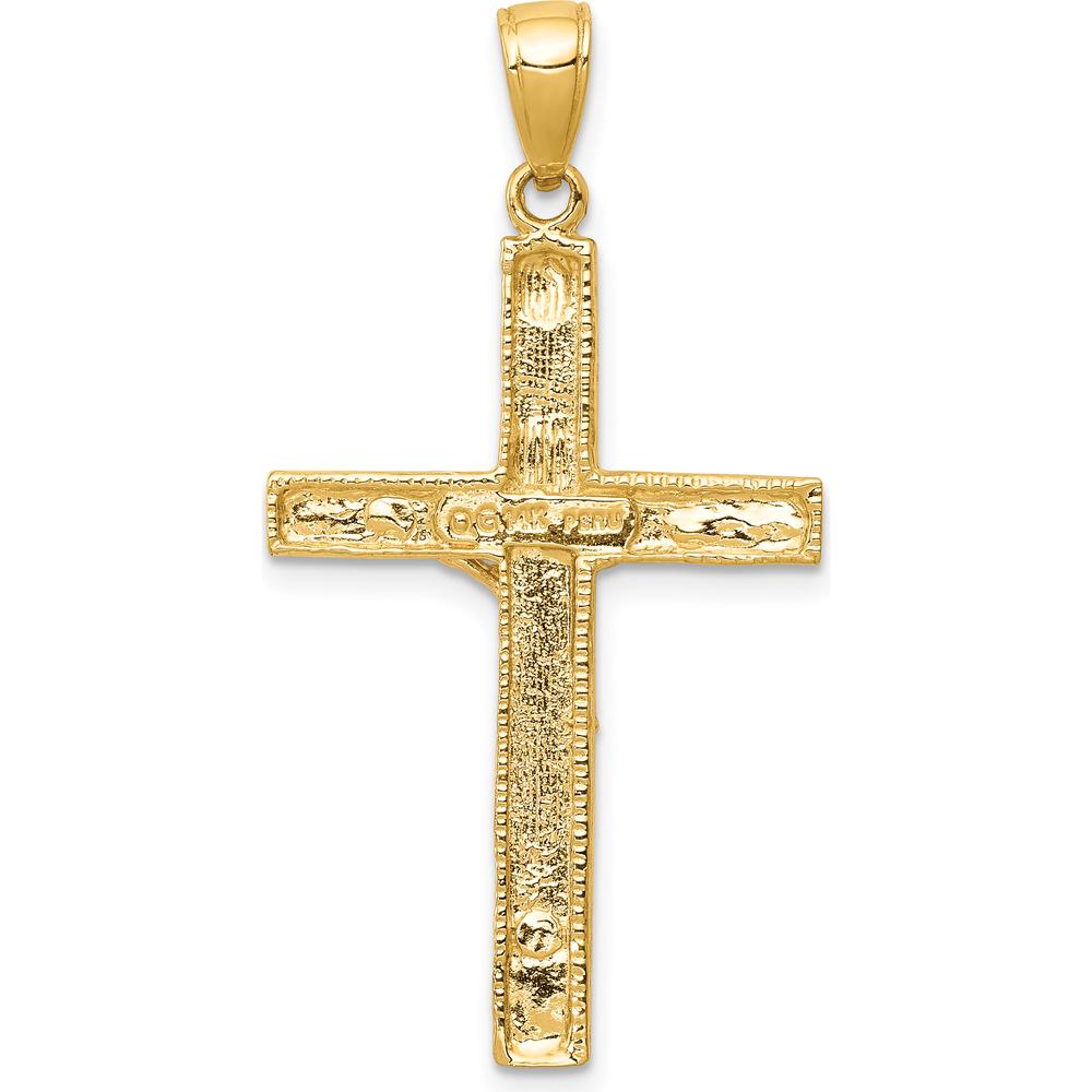 14K Yellow Gold Polished Crucifix Pendant with Textured Detailing - 38mm Length by Oro Pregiato