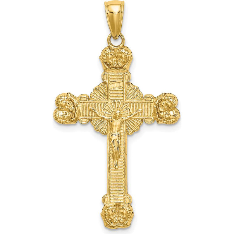 14K Yellow Gold Polished Crucifix with Textured Sunburst Charm - 38mm Length by Oro Pregiato
