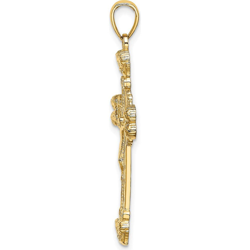 14K Yellow Gold Polished Crucifix with Textured Sunburst Charm - 38mm Length by Oro Pregiato