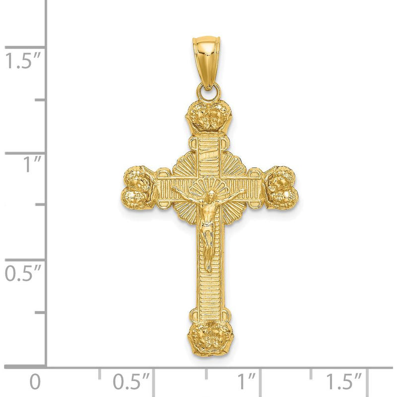 14K Yellow Gold Polished Crucifix with Textured Sunburst Charm - 38mm Length by Oro Pregiato