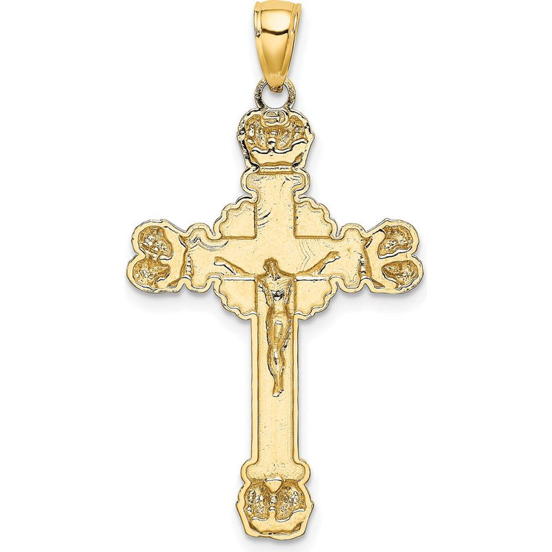14K Yellow Gold Polished Crucifix with Textured Sunburst Charm - 38mm Length by Oro Pregiato