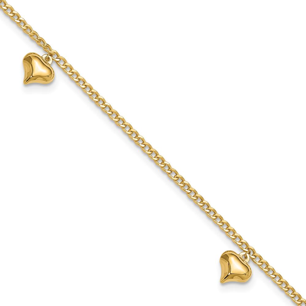 14K Yellow Gold Polished Curb Chain Anklet with 3 Puffed Heart Dangles - Adjustable 10" Length