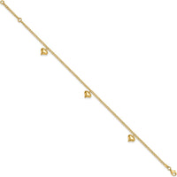 14K Yellow Gold Polished Curb Chain Anklet with 3 Puffed Heart Dangles - Adjustable 10" Length