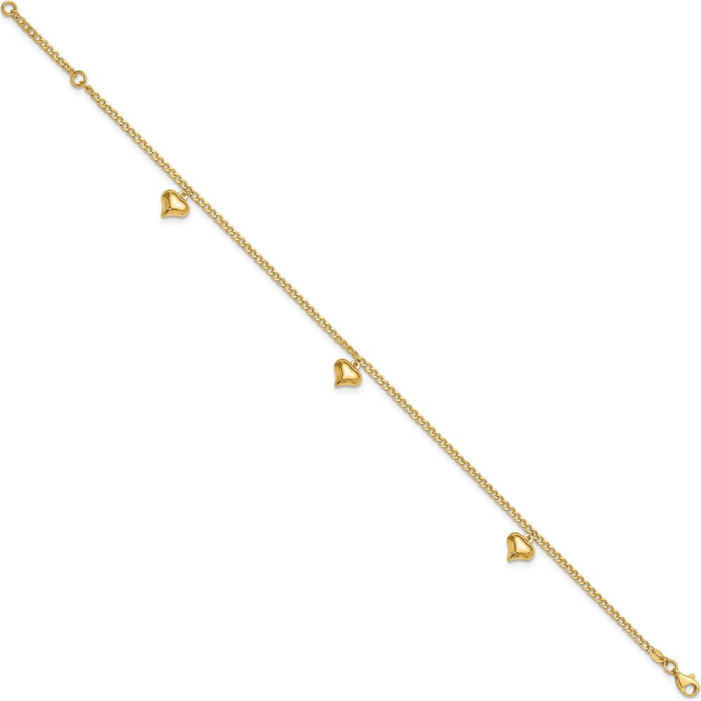 14K Yellow Gold Polished Curb Chain Anklet with 3 Puffed Heart Dangles - Adjustable 10" Length