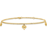 14K Yellow Gold Polished Curb Chain Anklet with 3 Puffed Heart Dangles - Adjustable 10" Length