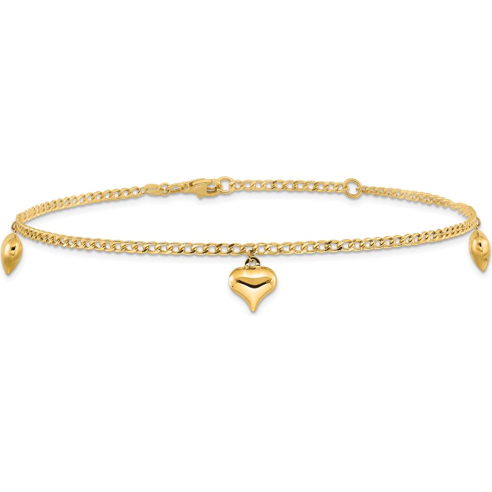 14K Yellow Gold Polished Curb Chain Anklet with 3 Puffed Heart Dangles - Adjustable 10" Length
