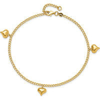 14K Yellow Gold Polished Curb Chain Anklet with 3 Puffed Heart Dangles - Adjustable 10" Length