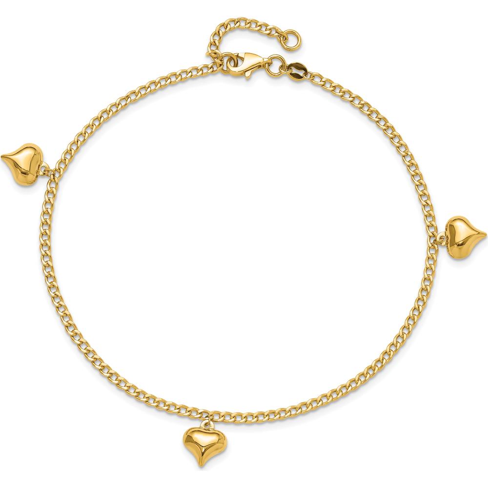 14K Yellow Gold Polished Curb Chain Anklet with 3 Puffed Heart Dangles - Adjustable 10" Length