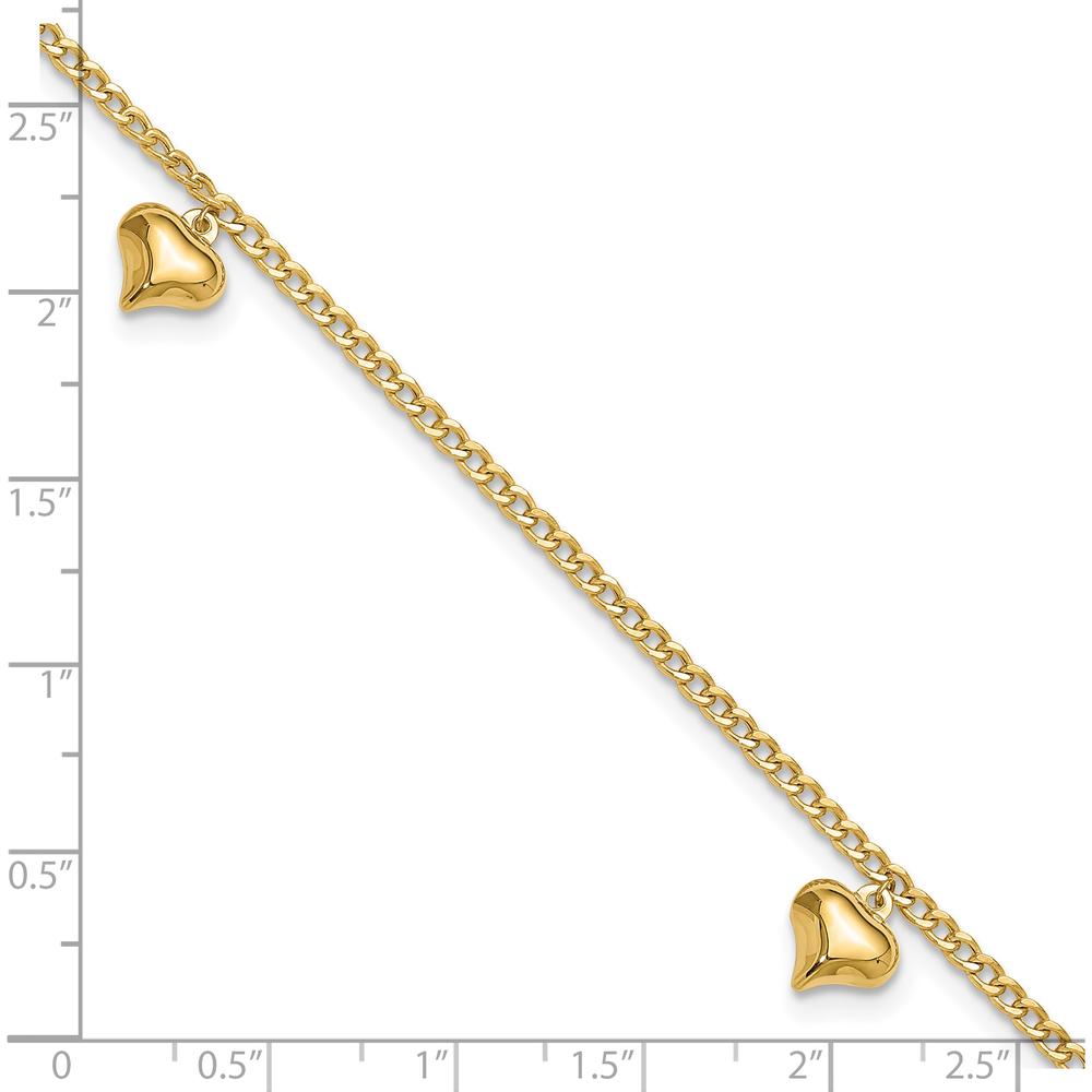 14K Yellow Gold Polished Curb Chain Anklet with 3 Puffed Heart Dangles - Adjustable 10" Length