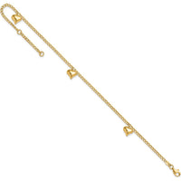14K Yellow Gold Polished Curb Chain Anklet with 3 Puffed Heart Dangles - Adjustable 10" Length