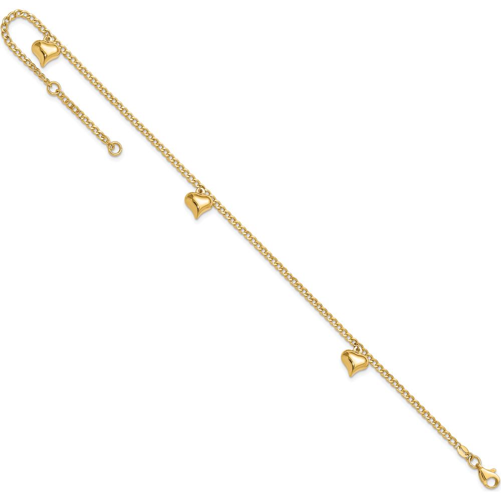 14K Yellow Gold Polished Curb Chain Anklet with 3 Puffed Heart Dangles - Adjustable 10" Length