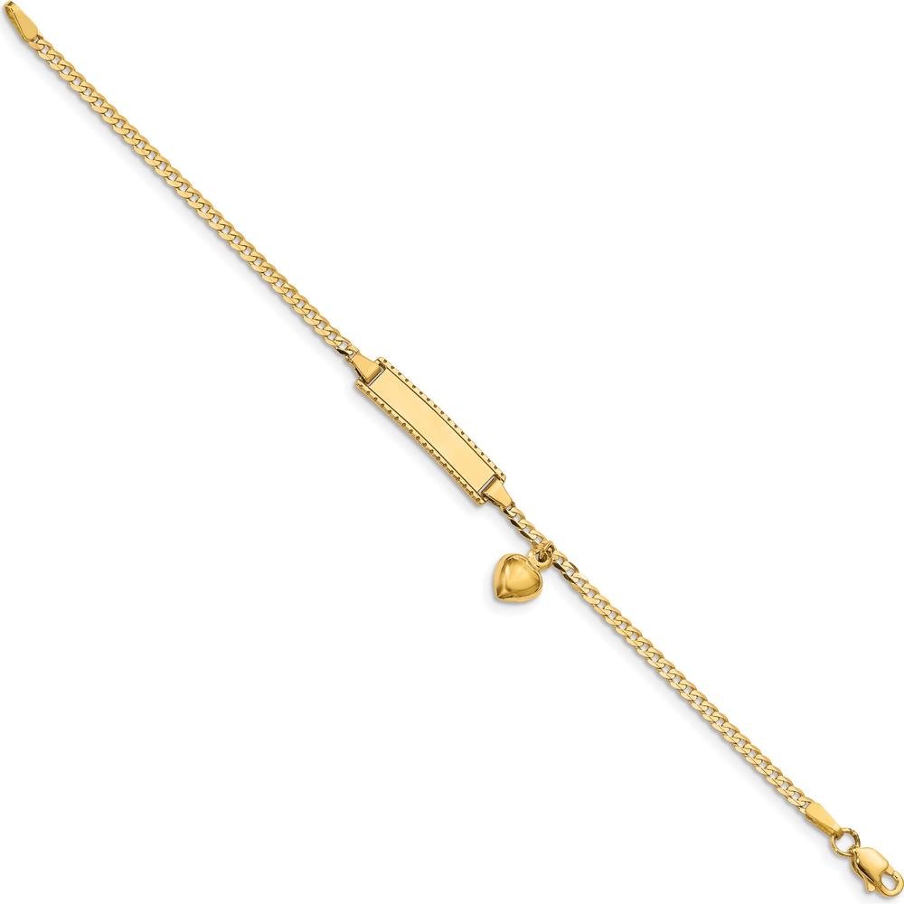 14K Yellow Gold Polished Curb Link Baby/Child ID Bracelet with Dangle Heart Charm - 6" Length by Oro Pregiato