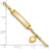 14K Yellow Gold Polished Curb Link Baby/Child ID Bracelet with Dangle Heart Charm - 6" Length by Oro Pregiato
