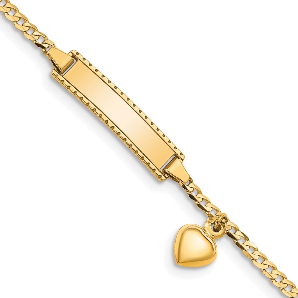 14K Yellow Gold Polished Curb Link Heart Charm Baby ID Bracelet - Engravable Solid Plate - 5.5" Length by Oro Pregiato
