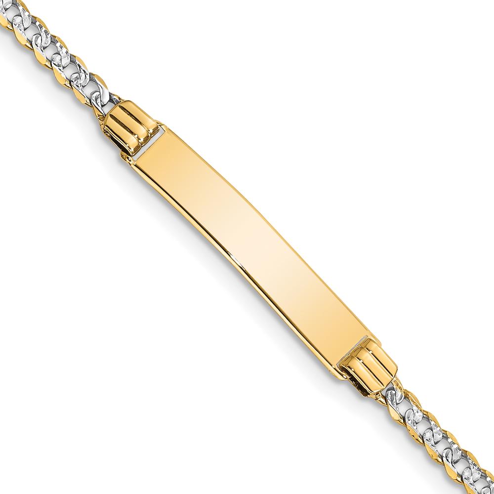 14K Yellow Gold Polished Curb Link ID Bracelet with Rhodium Plating - 7" Length by Oro Pregiato