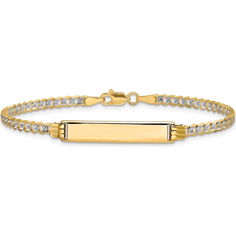 14K Yellow Gold Polished Curb Link ID Bracelet with Rhodium Plating - 7" Length by Oro Pregiato
