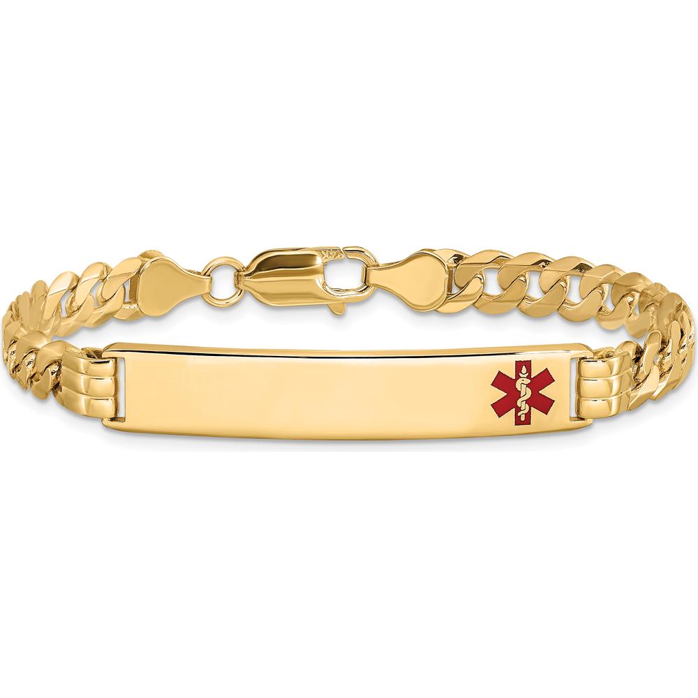 14K Yellow Gold Polished Curb Link Medical Alert Bracelet with Red Enamel Accent - 8" Length by Oro Pregiato