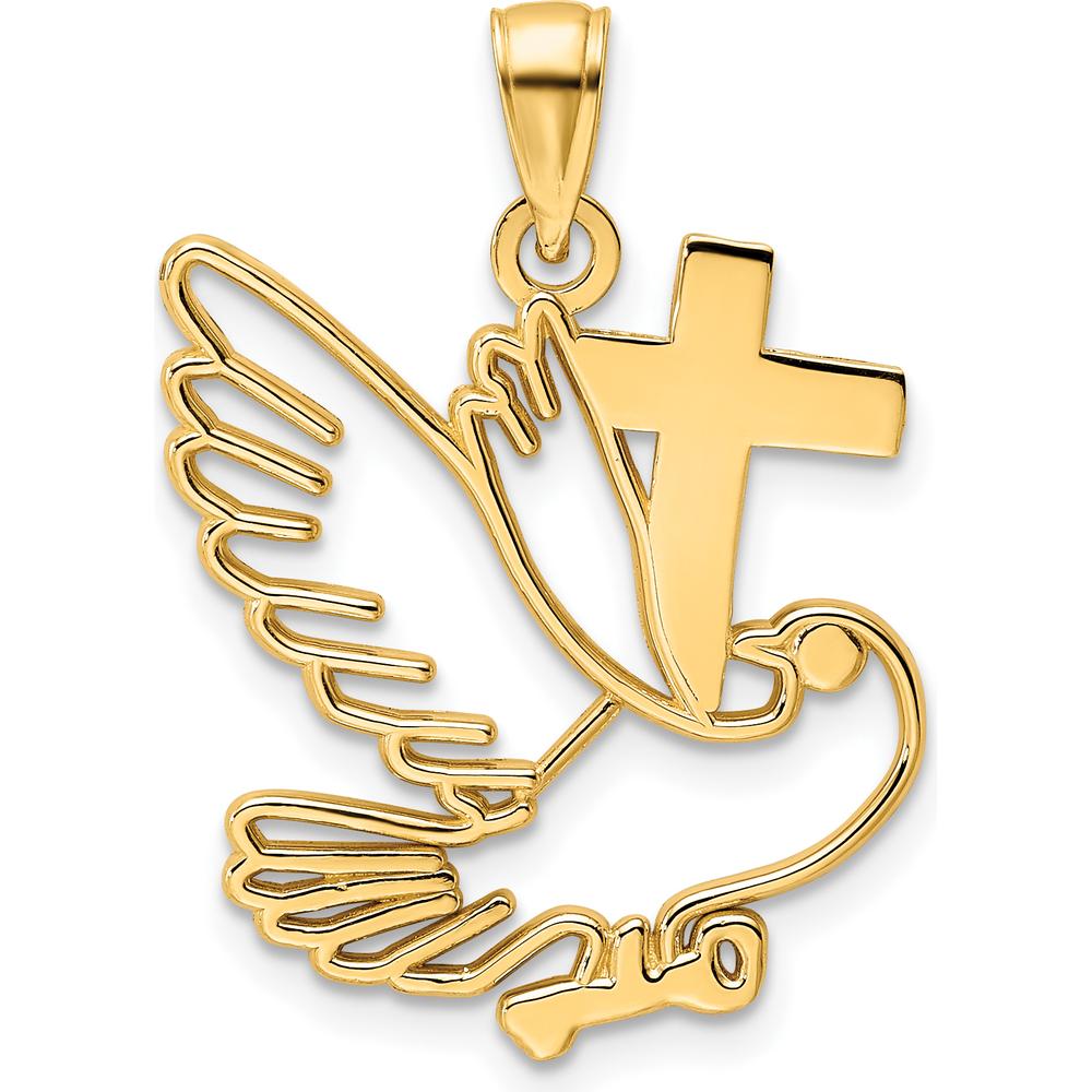 14K Yellow Gold Polished Cut-out Dove and Cross Pendant - 27.5mm by Oro Pregiato