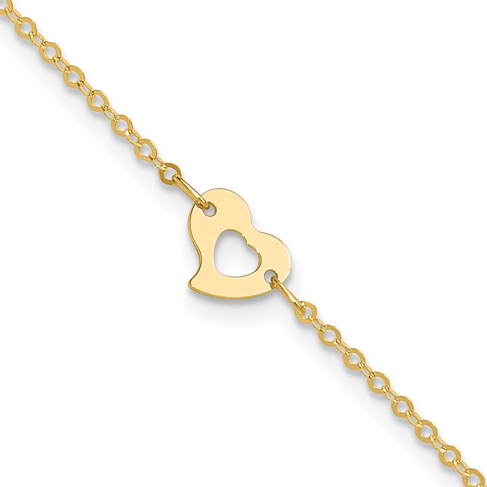14K Yellow Gold Polished Cut-out Heart Adjustable Anklet with Lobster Clasp - 10" Total Length