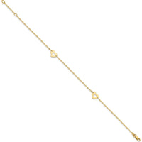 14K Yellow Gold Polished Cut-out Heart Adjustable Anklet with Lobster Clasp - 10" Total Length