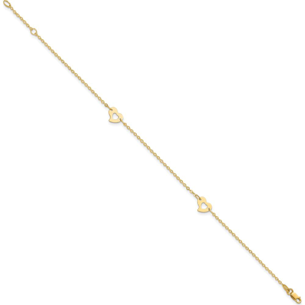 14K Yellow Gold Polished Cut-out Heart Adjustable Anklet with Lobster Clasp - 10" Total Length