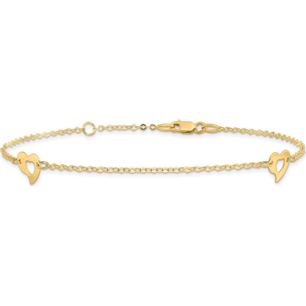 14K Yellow Gold Polished Cut-out Heart Adjustable Anklet with Lobster Clasp - 10" Total Length