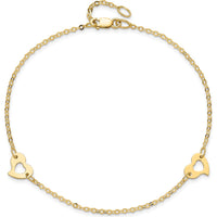 14K Yellow Gold Polished Cut-out Heart Adjustable Anklet with Lobster Clasp - 10" Total Length