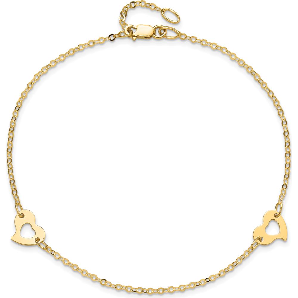 14K Yellow Gold Polished Cut-out Heart Adjustable Anklet with Lobster Clasp - 10" Total Length