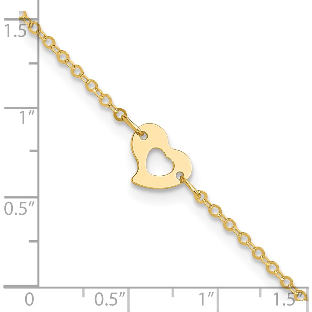 14K Yellow Gold Polished Cut-out Heart Adjustable Anklet with Lobster Clasp - 10" Total Length