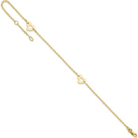 14K Yellow Gold Polished Cut-out Heart Adjustable Anklet with Lobster Clasp - 10" Total Length
