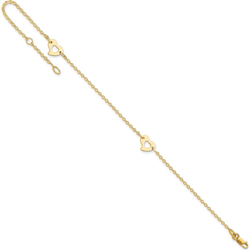 14K Yellow Gold Polished Cut-out Heart Adjustable Anklet with Lobster Clasp - 10" Total Length