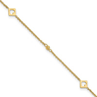 14K Yellow Gold Polished Cut-out Hearts and Diamond-cut Beads 10" Adjustable Anklet with Lobster Clasp